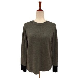 $295 Pura Cashmere US Women's S Gray Navy Contrast Crew Pullover Sweater Top